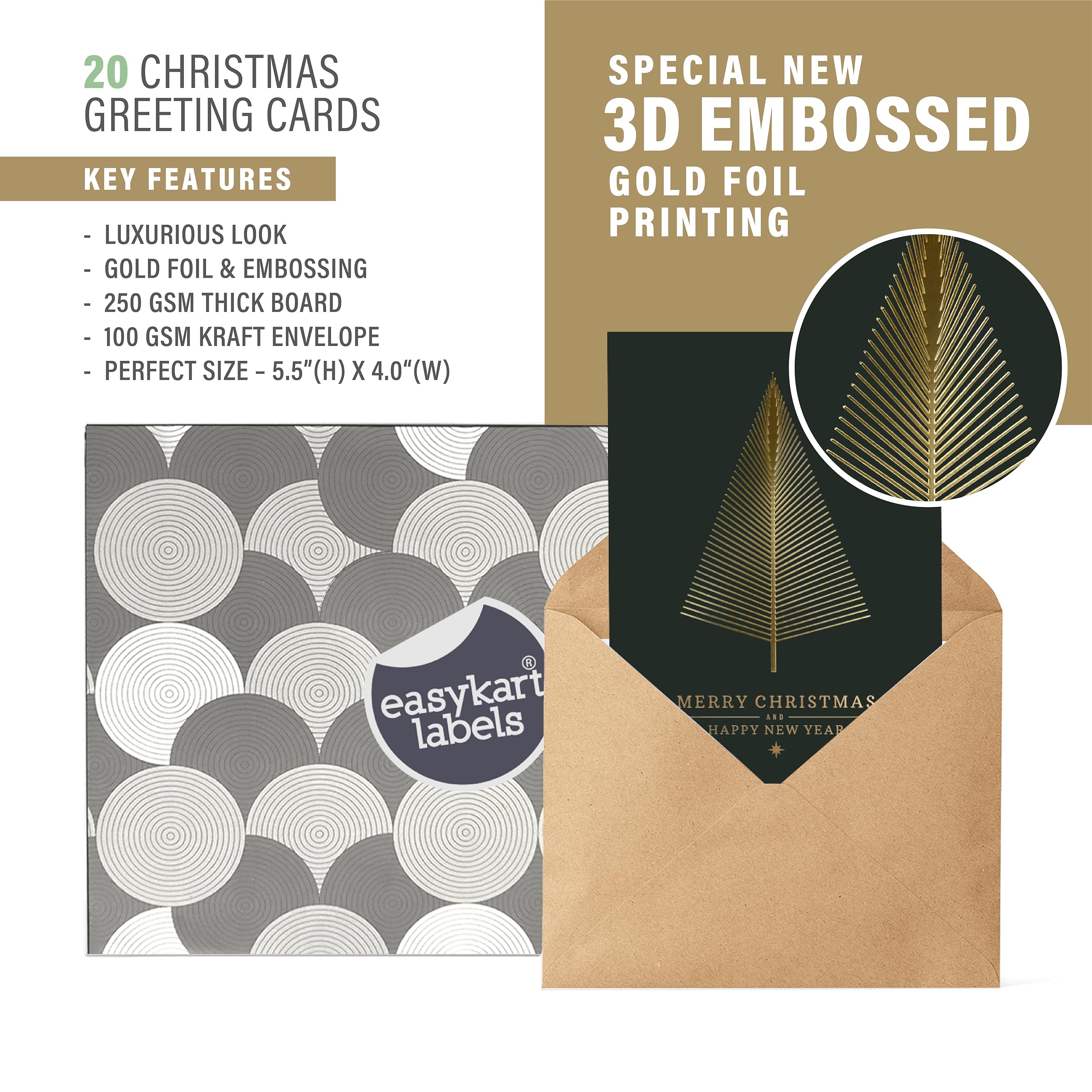 easykart labels 20 Gold Foil Christmas Greeting Cards with Envelopes | Dark Green Col & Embossing on Christmas Tree | 5.75 x 4.25 Inch Merry Christmas Cards with Seal Stickers For Friends , Family and loved Ones
