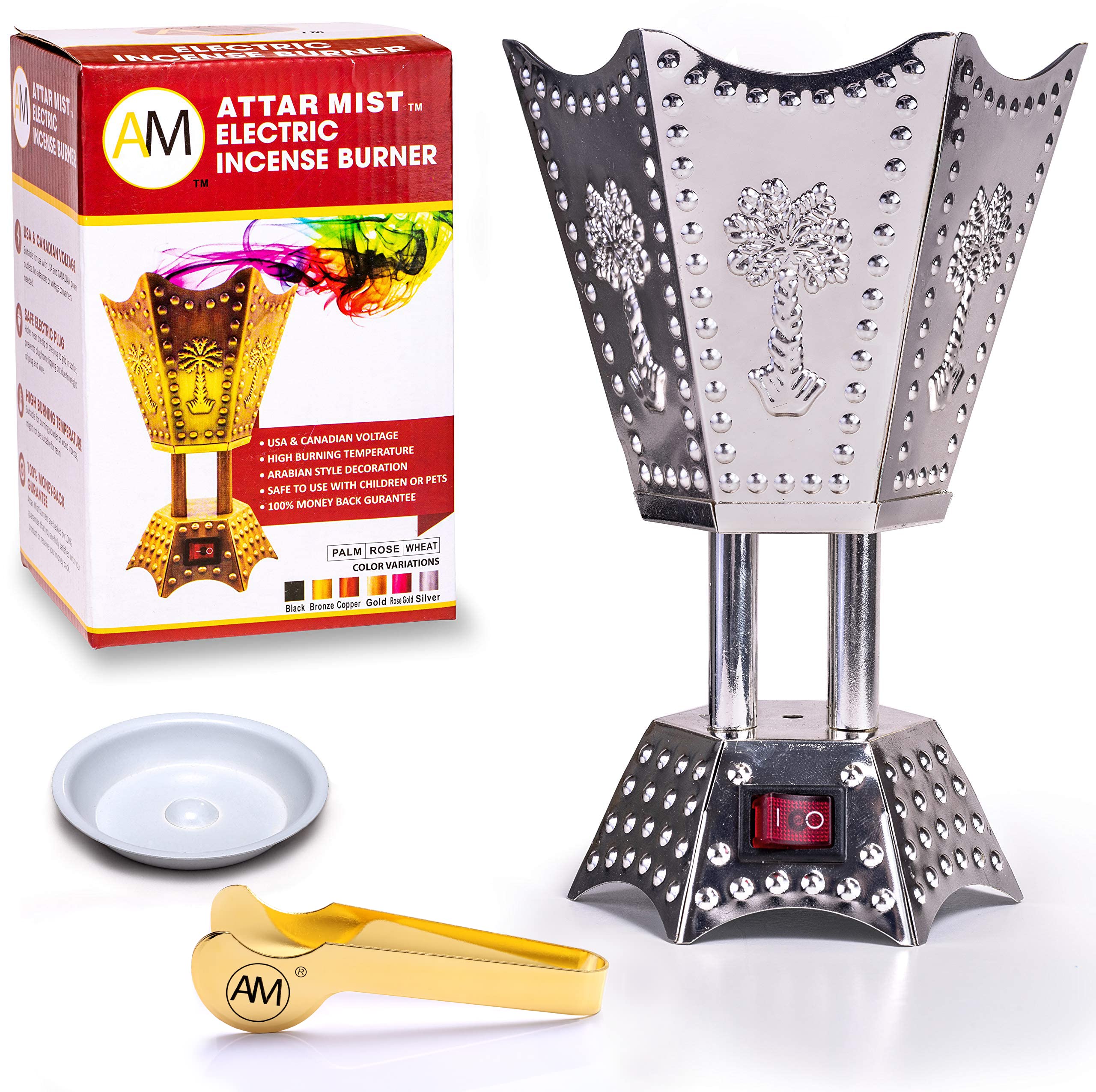 Photo 1 of AM Bakhoor Electric Incense Burner - Oud Frankincense Resin Burner 6.5 Inches Tall (Hexagon) (Silver)