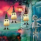 Halloween Decorations Outdoor, Set of 3 Hanging Ghosts with Witch Hat Glowing with String Lights Battery Operated, Halloween Ghost Decor for Yard Patio Garden Tree Outside