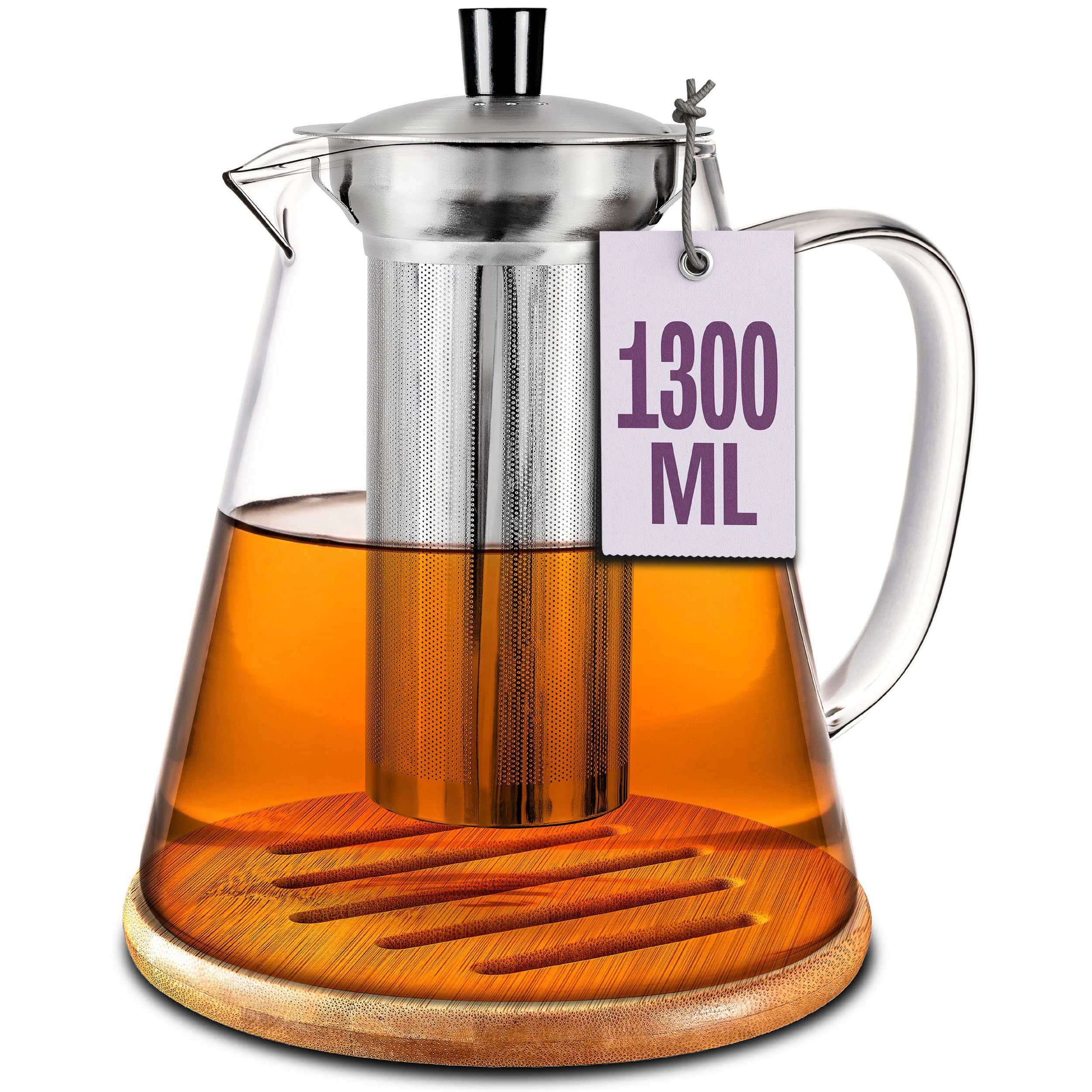 Cosumy Glass Teapot with Infuser 1300ml - Stainless Steel Infuser - with Bamboo Coaster - Heat Resistant - Keeps Tea Warm for Long - Dishwasher Safe