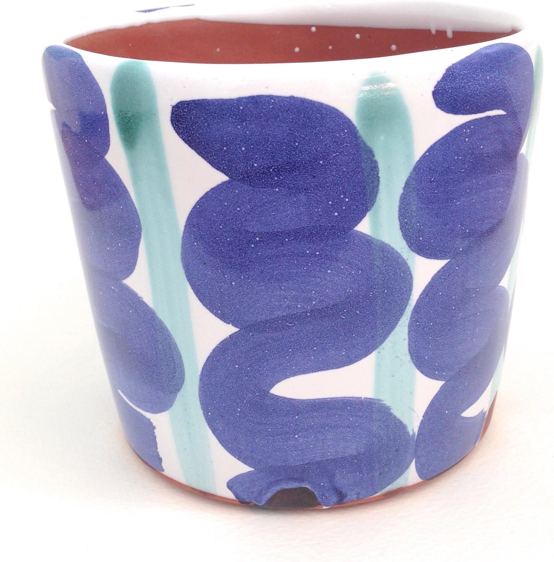 TM04-004 Swish Line: Blue & White Large Terracotta Clay Cylinder Plant Pot 5"H x 5.5"D, Hand Made in the USA