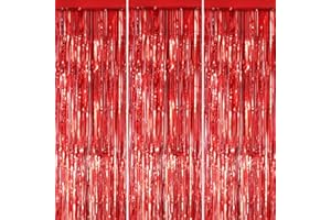 YEURFONTASY Red 3 Pack Metallic Tinsel Foil Fringe Curtains, 3.3x8.3 Feet Green Backdrop for Party, Door Streamers Party Decorations, Party Streamers for Birthday Christmas Party Decorations