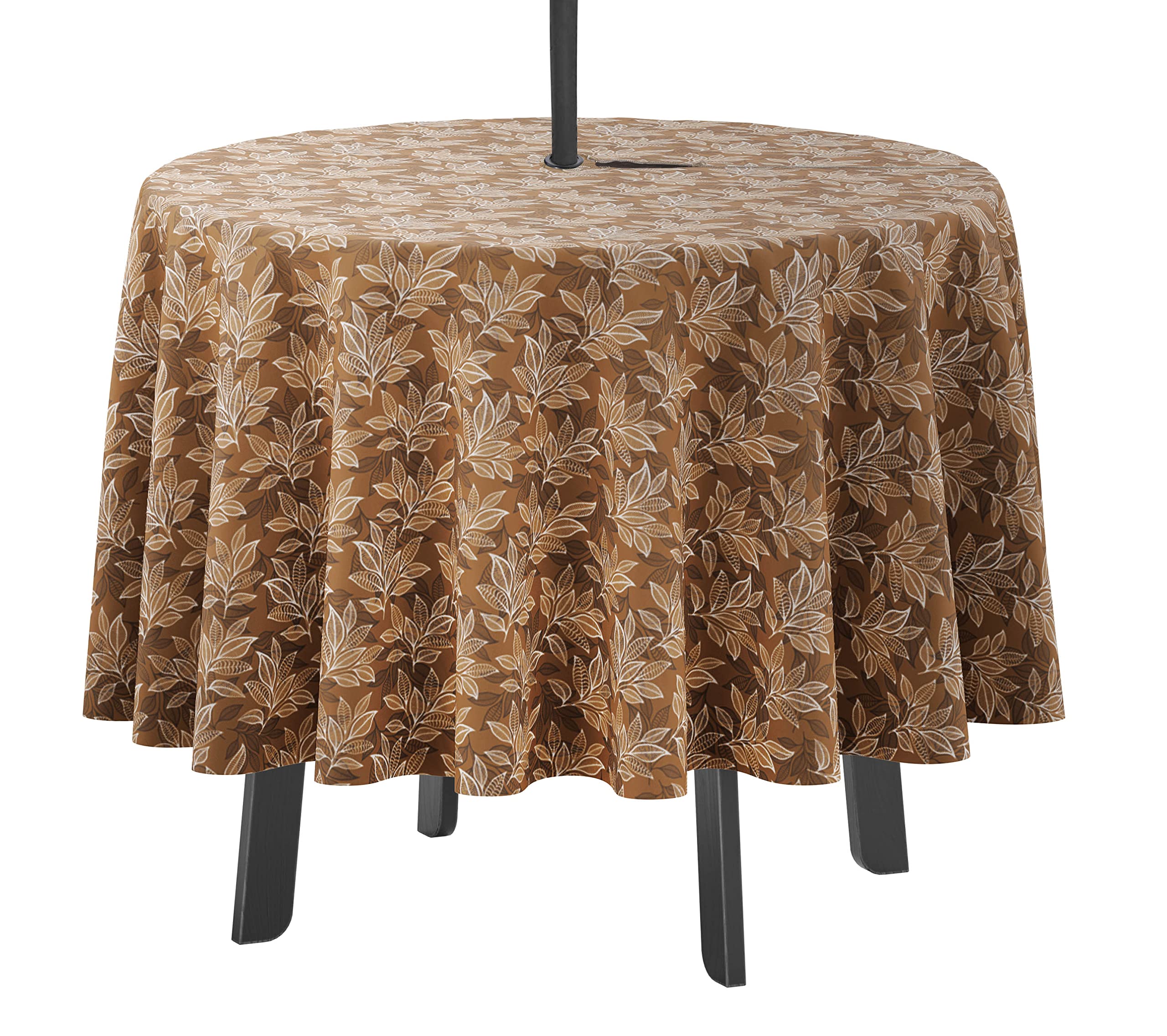 Vargottam Indoor/Outdoor Round Tablecloth 58 Inch Tablecloth with Umbrella Hole & Zip- Waterproof Table Cloth Table Covers for Backyard Table - Light Brown