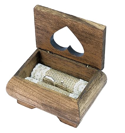 Happy Wedding Art Holz Ringbox mit Spitze Vintage Jute Ringkissen Ringträger Vintage Hochzeit Eheringe Box Ringschatulle Ring