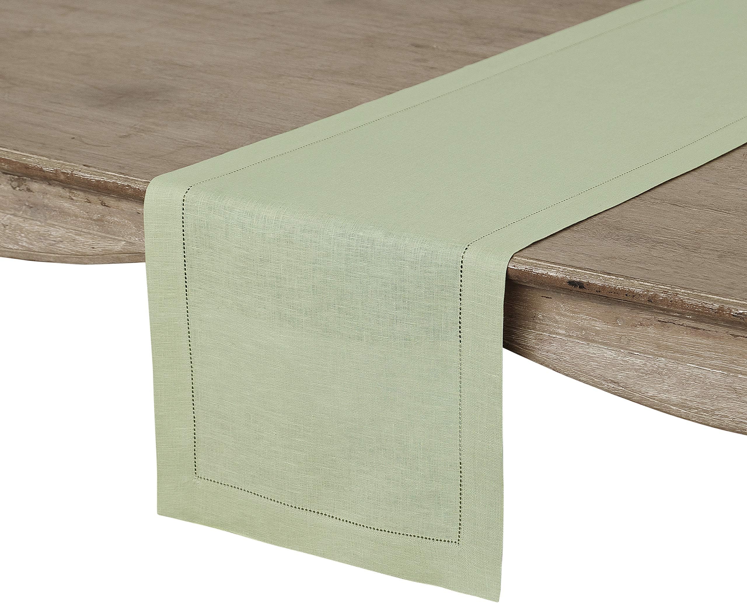 Solino Home Linen Table Runner 36 Inches - 100% Pure Linen Sage Green Hemstitch Table Runner 14 x 36 Inch Ideal for Dresser and Coffee Tables - Fall, Autumn, Thanksgiving - Classic Hemstitch
