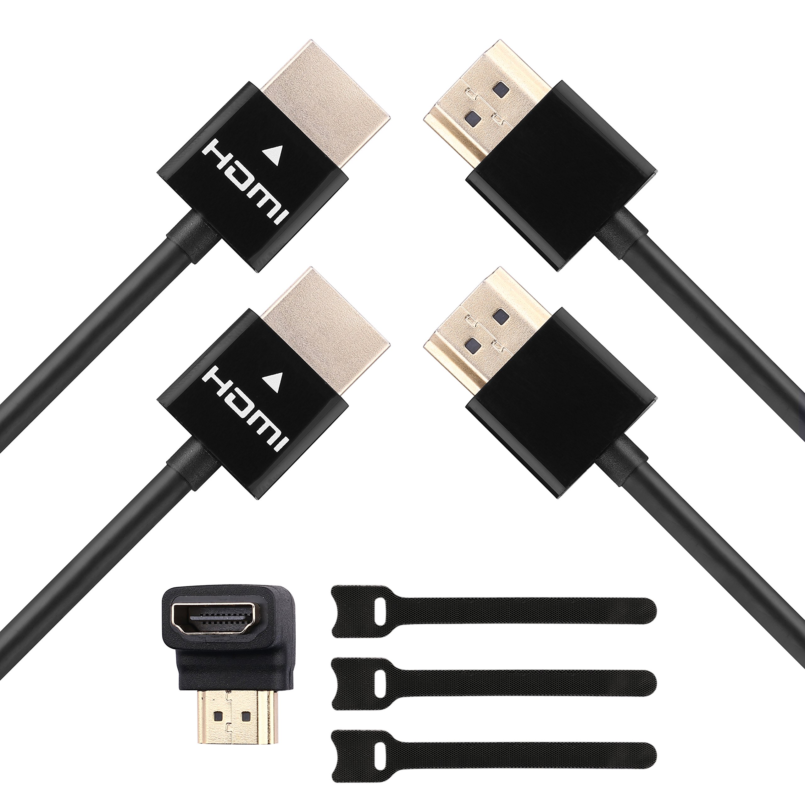 PERLESMITH 2-Pack 10 Feet Ultra-Slim HDMI Cables 3D & 4K Rated with Ethernet - Bonus a Right Angle Adapter and 3 PCS Cable Tie