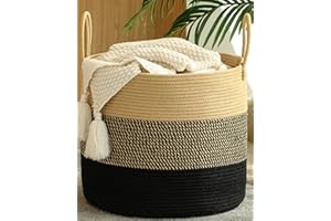 KAKAMAY Large Blanket Basket (18"x18"x16"),Woven Baby Laundry Hamper for Storage, Cotton Rope Blankets Baskets for Nursery, Laundry, Living Room, Pillows, Baby Toy Chest with Handles (Black)