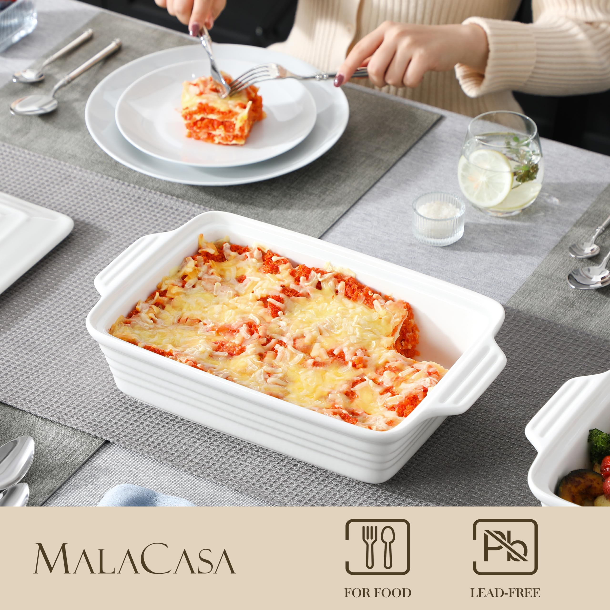 MALACASA Casserole Dish for Oven, 4.4 Qt Porcelain Baking Dish with Lid, 9x13 Baking Pan with Handles, Large Lasagna Pan Deep, Rectangular Bakeware, Microwave Safe, White, Series BAKE