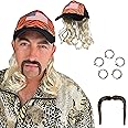 Watt's Wigs - Exotic Tiger Joe Costume Kit, Blonde Mullet Wig with Hat, Clip on Earrings, and Mustache - One Size Fits All