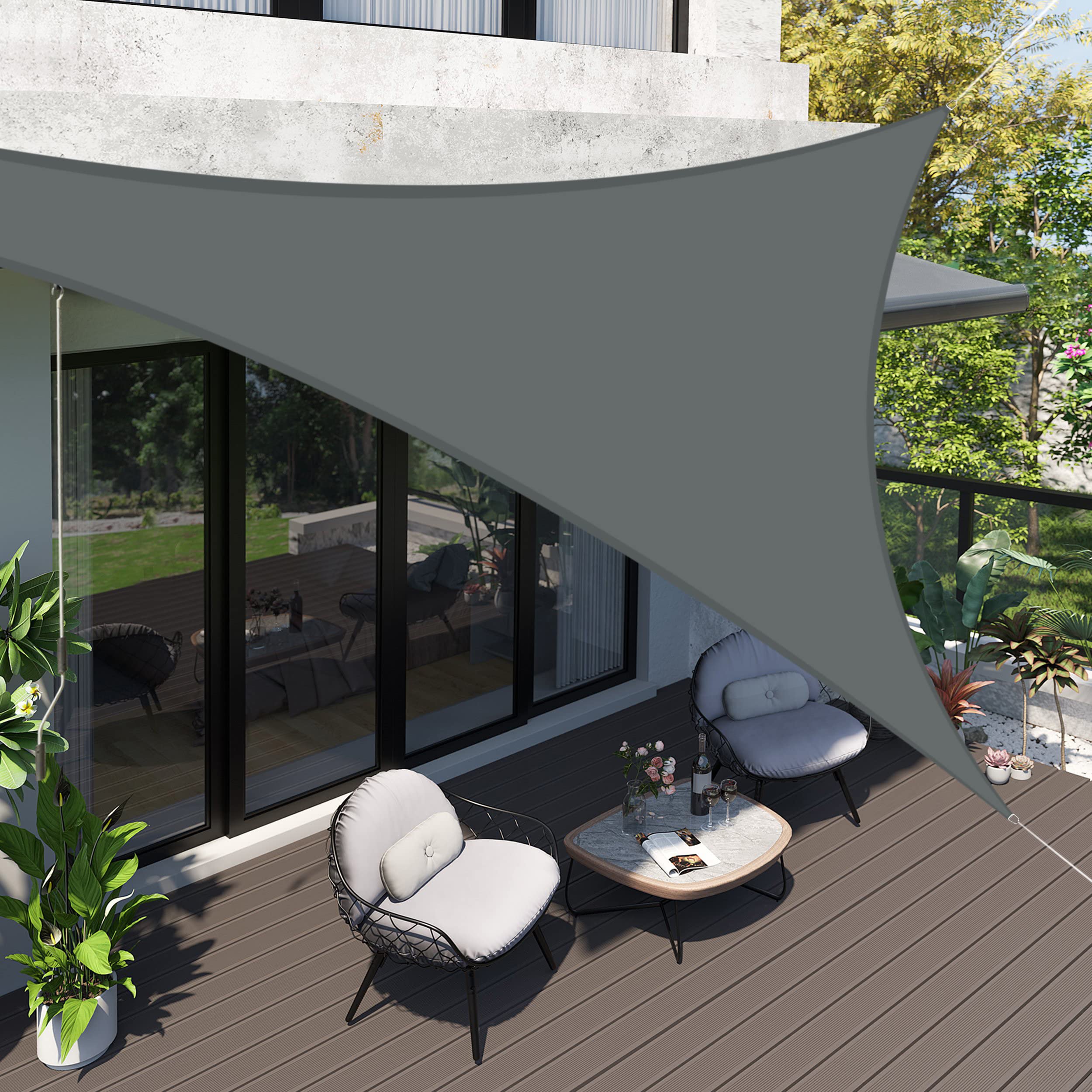 Teynewer Sun Shade Sail Waterproof for Patio Party Backyard Lawn Garden Outdoor Sunscreen Awning 2 x 2 x 2m Triangle Canopy PES Polyester 95% UV Block Shade Cover With Free Wind Rope, Grey