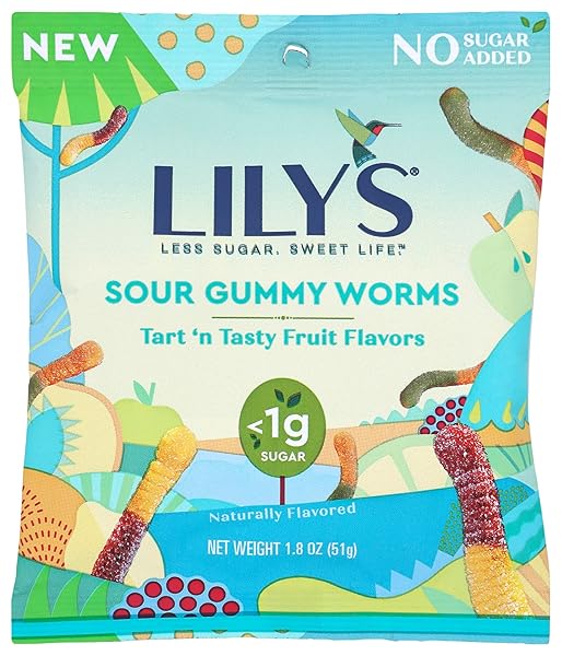 LILY’S NO SUGAR ADDED SOUR GUMMY WORMS TART ‘N TASTY FRUIT FLAVORS PEG BAG, 1.8 OZ