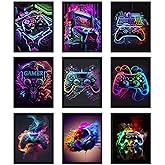 MUWAK Canvas Cool Game Posters Wall Art Set of 9 – Neon Gamepad Graffiti Prints, Gaming Wall Decor Aesthetic Pictures for Teen Bedroom Dormitory Game Room Decorate – 8x10in Unframed