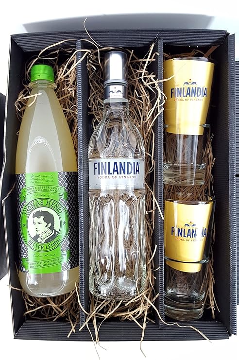 Finlandia Set/Geschenkset – Finlandia Vodka of Finland 1L (40% Vol) + 2x Gläser 2/4cl geeicht + Thomas Henry Bitter Lemon 1L 