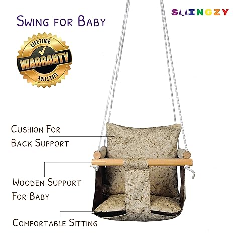 Swingzy Wooden Hanging Swing Seat Chair with Cushions for Baby, Infant, Toddler, Kids - Indoor and Outdoor Hammock, for Tree Swings or Backyard Outside Swing (Beige)