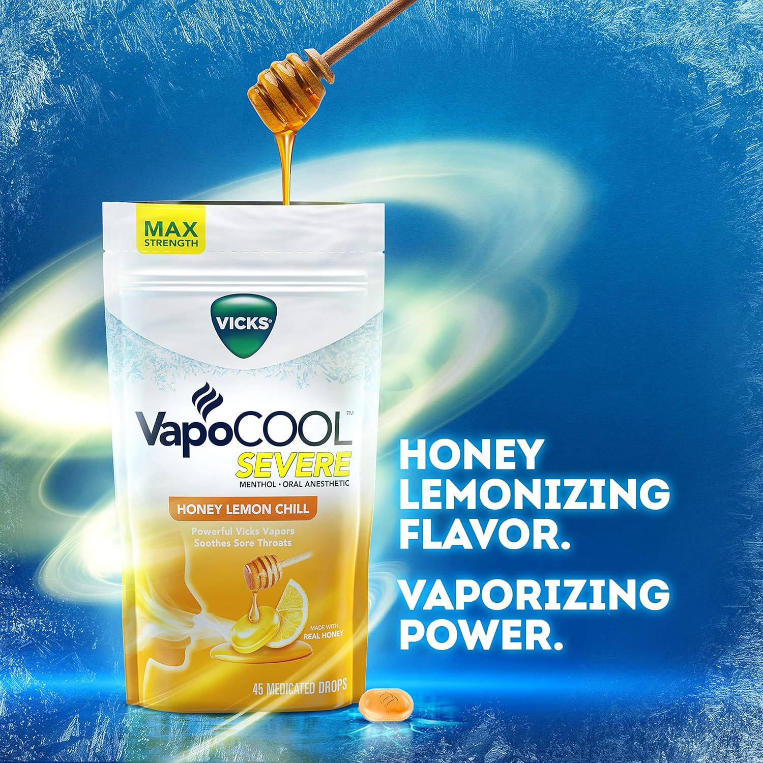 Vicks VapoCOOL Severe Medicated Drops, 5 Packs of 45 (225 Lozenges Total) - Soothes Sore Throat Pain Caused by Cough, Honey Lemon Chill with Menthol: Health & Personal Care