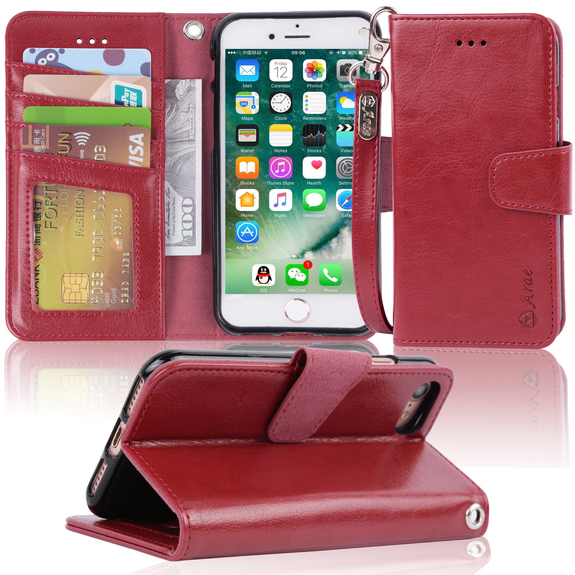 Arae iPhone 7 case, iPhone 8 case, PU Leather Wallet Case with Kickstand and Flip Cover for iPhone 7 (2016) / iPhone 8 (2017) - Wine red by Arae