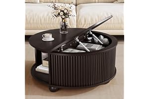 DHH Fluted Round Coffee Tables,31.5" Mid Century Modern Circle Drum Table with Storage, Accent Coffee Table with Sliding Cabi