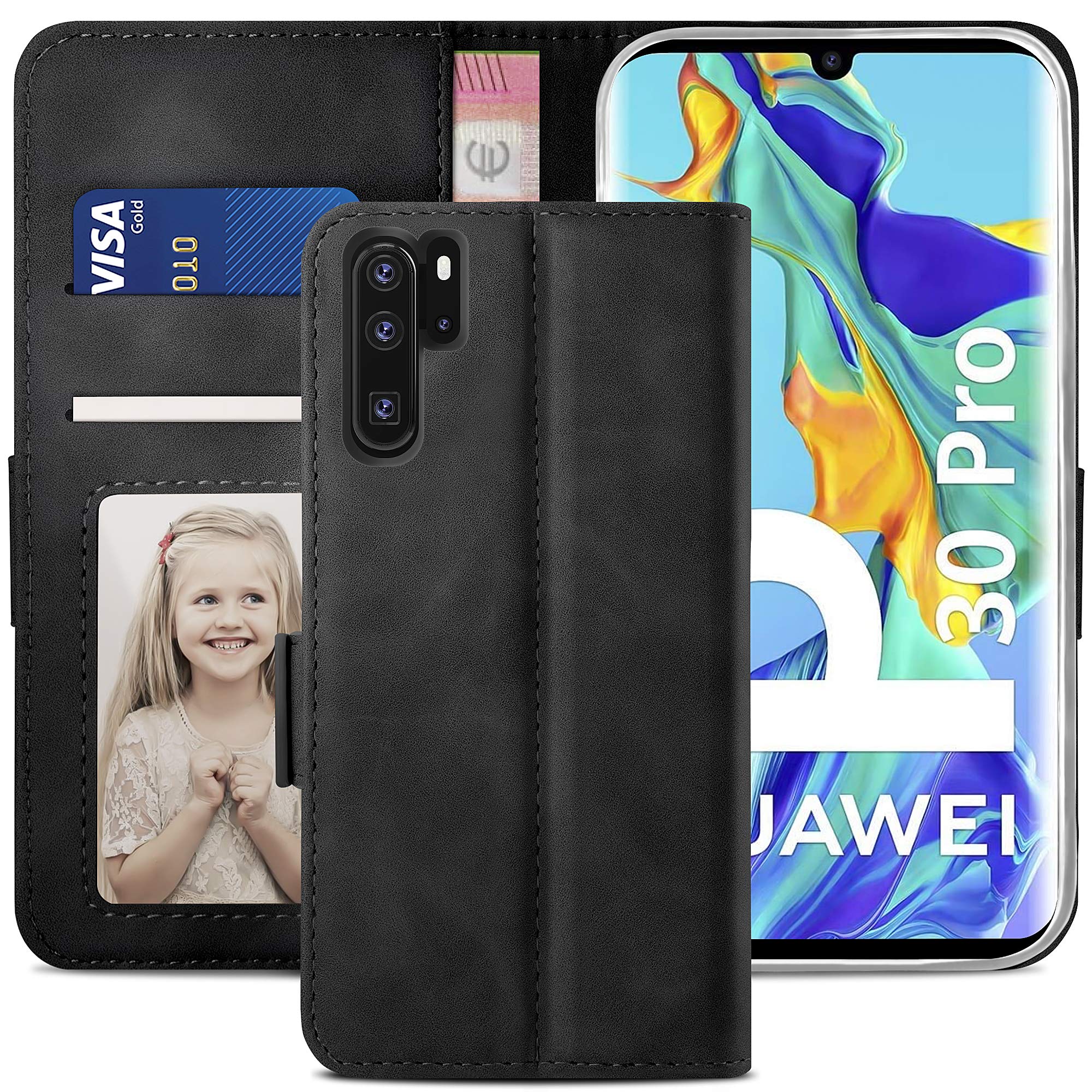 YATWIN Compatible with Huawei P30 Pro Case, Flip Wallet Leather Case with Card Slot and Shockproof Function Kickstand Phone Cases Cover for Huawei P30 Pro - Black — image 1