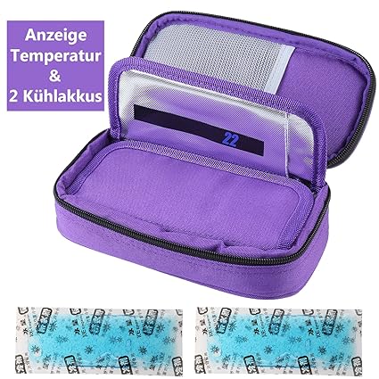 Temperaturanzeige Insulin kühltasche Diabetiker Tasche Medikamenten Kühltasche für Diabetikerzubehör mit Kühlakkus (Lila)