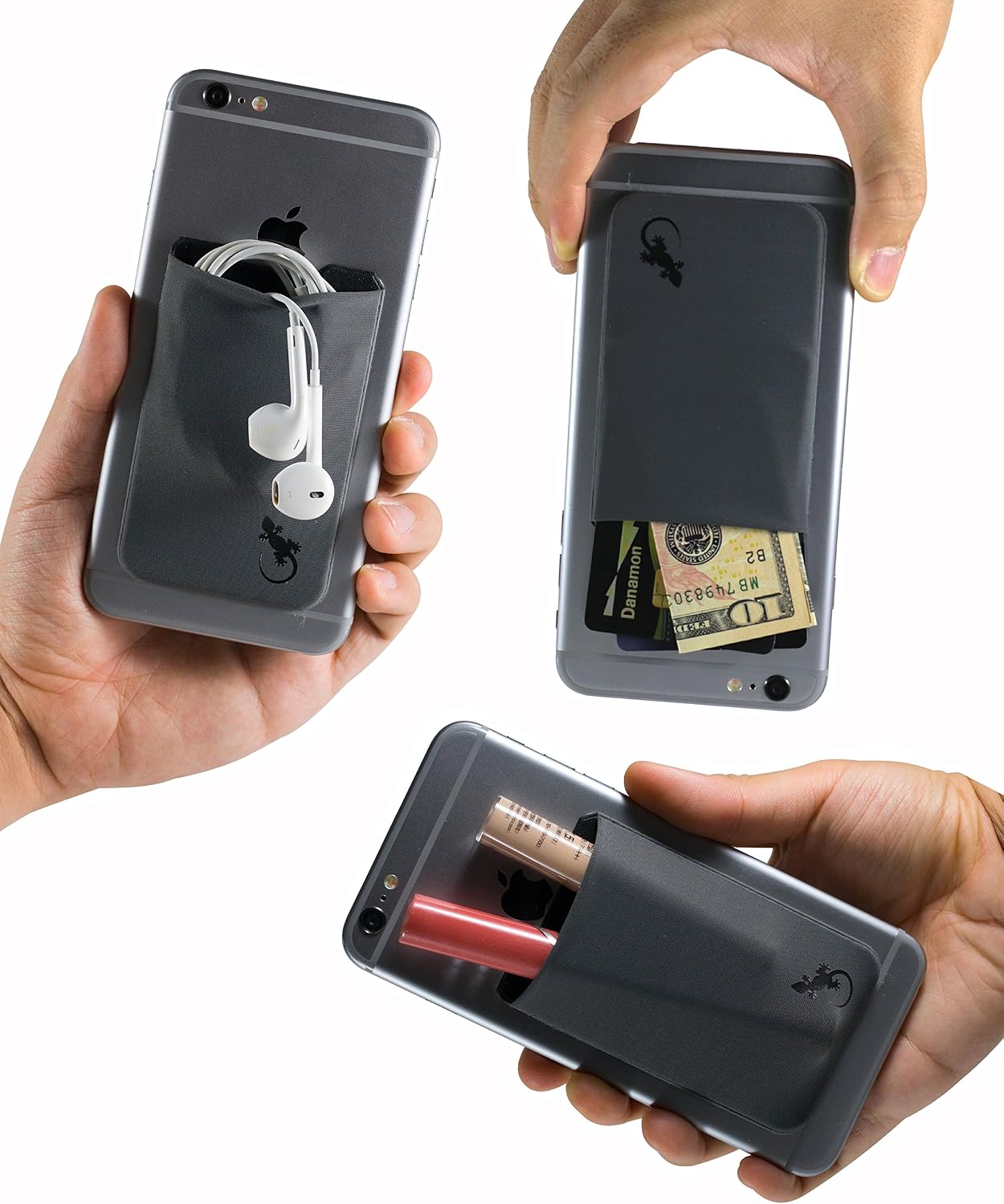 Gray Gecko Phone Case Card Holder Stick On - Gray Black Adhesive Phone Wallet - Stretchy Pocket with Bonus Stand & Screen Cleaner - Image 4