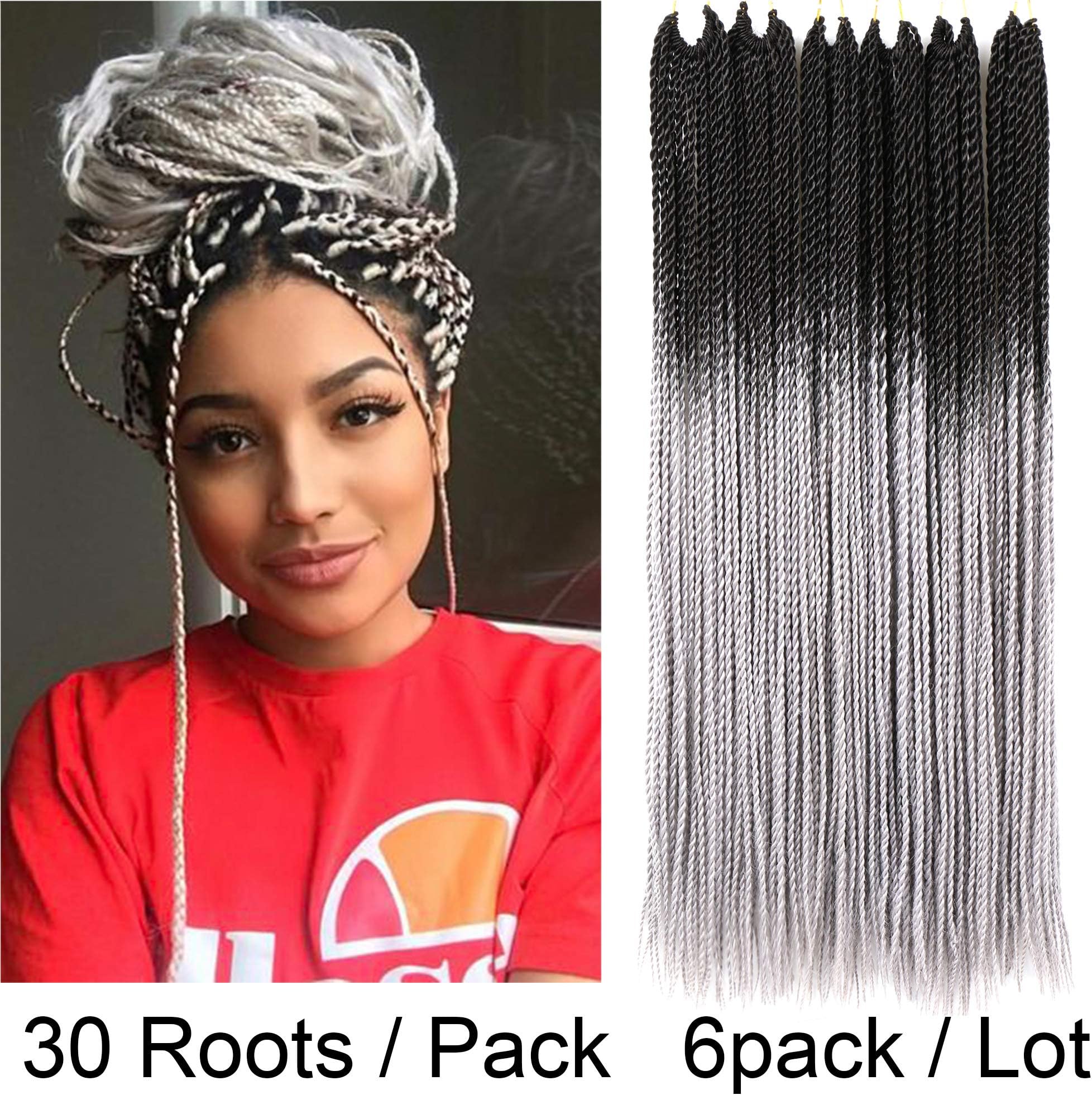 VCKOVCKO Senegalese Crochet Twist Braids Ombre Color Synthetic Hair Extensions 30 Roots/Pack, 100g/Pack, 6Pack/Lot Twist Braiding Hair Senegalese Twist Crochet Hair 24 Inches(Black-Gray)