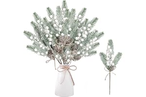 Sggvecsy 6 Pack Snow Frosted Christmas Berries Pine Picks Artificial White Berry Pine Branches Faux Pine Stem with Pine Cones for Xmas Tree Wreath DIY Craft Floral Arrangement Holiday Decor (White)