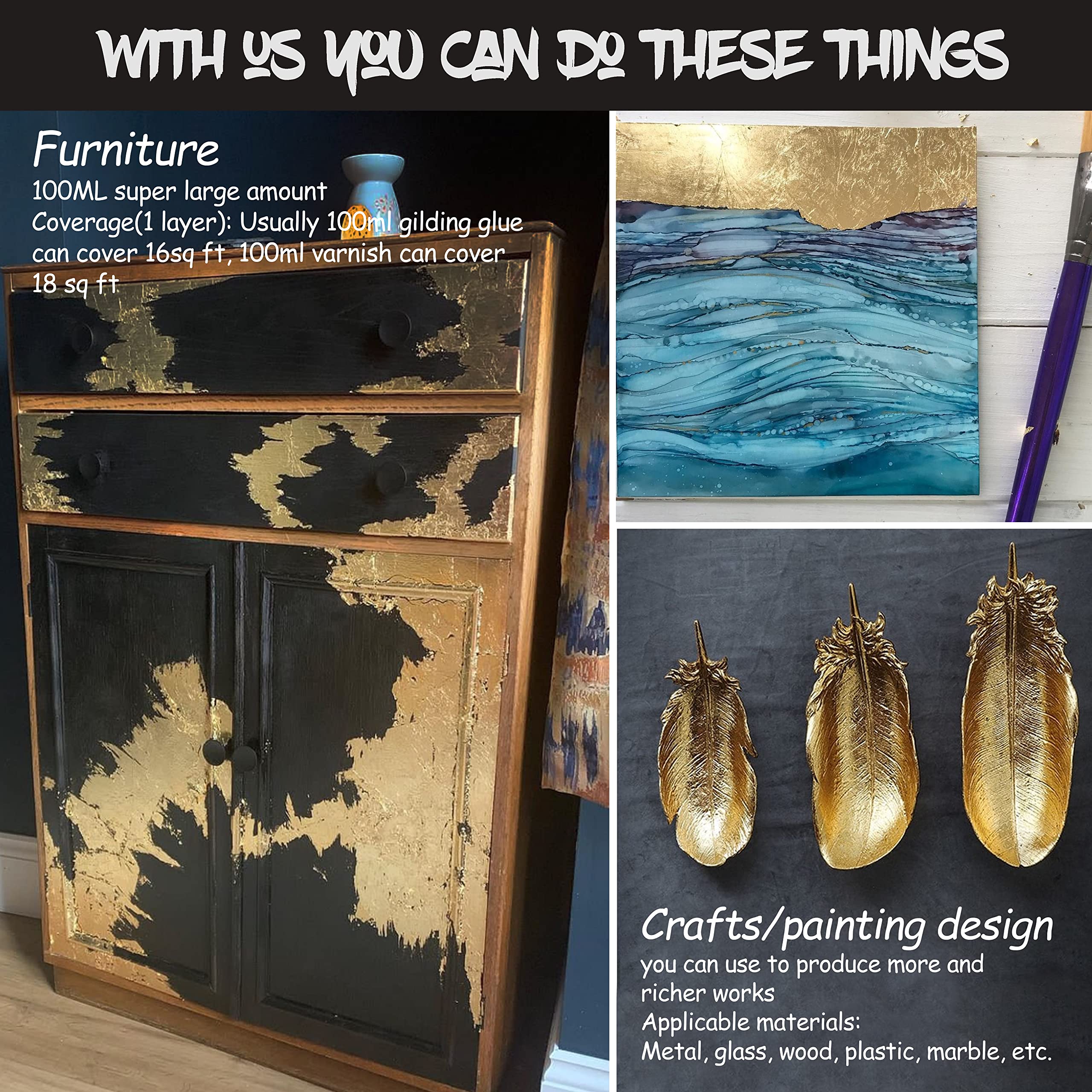 Gilding Adhesive 300ml Set - Water-Based Formula, Non-Toxic & Irritating Odor, Includes 300 PC Gold Leaf Sheets and Protective Paint for Photo Frame Craft, Painting, Furniture and Decoration