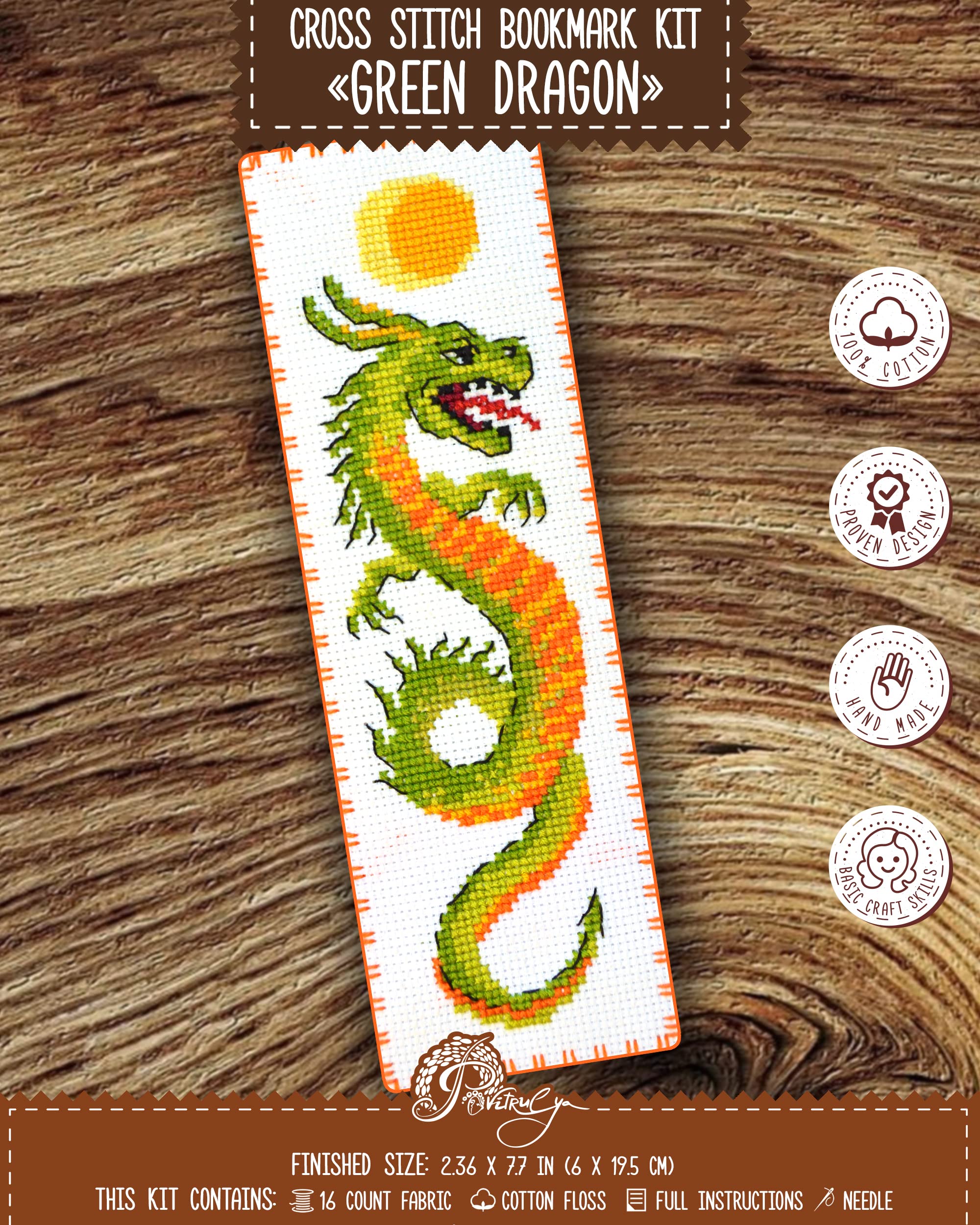 Povitrulya Counted Cross Stitch Kit - DIY Kits for Adult Or Kids - Funny Embroidery Bookmark - Easy to Use - Craft Collection - Green Dragon