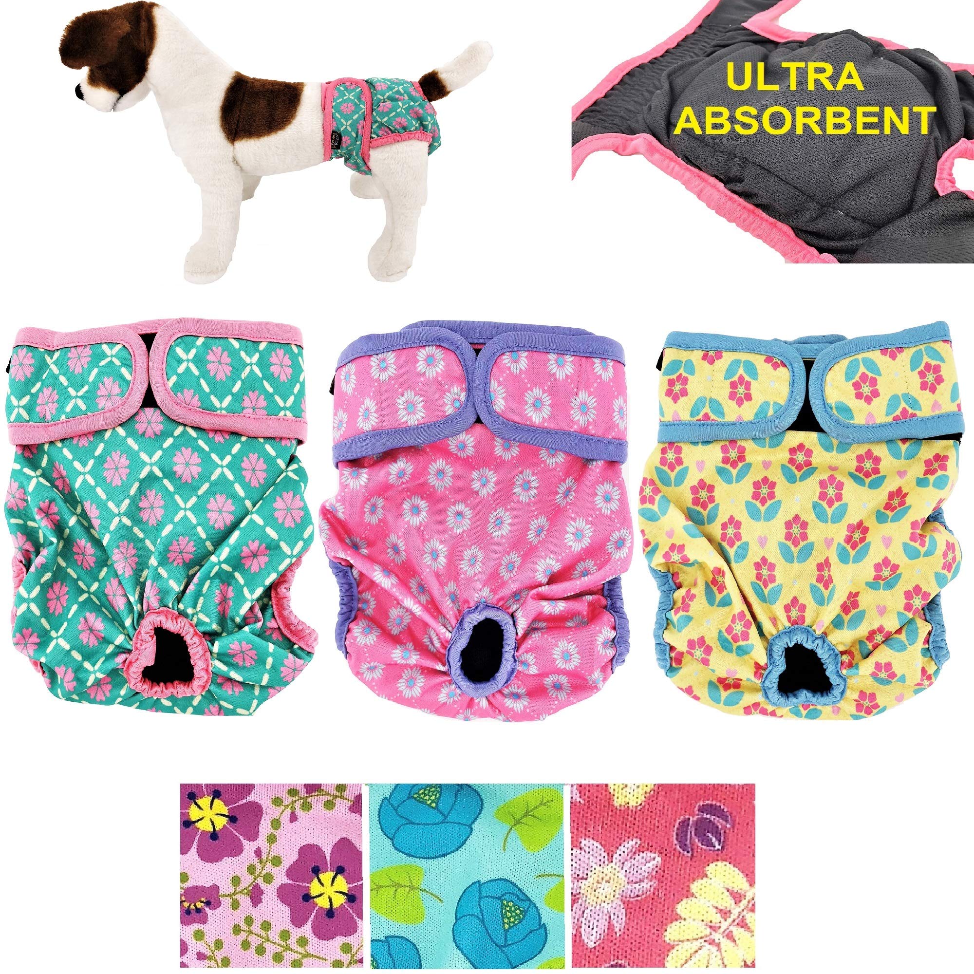 Pack of 3 Female Dog Diapers with 4 - Layers of Absorbent Pads Cat Panties Waterproof Leak Proof Washable (S: Waist 12" - 16", Neon Pattern)