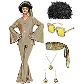 Jexine 70s Women Disco Outfit Costume Disco Party Top Pants Sunglasses Ball Necklace Earring Wig for Halloween New Year Eve