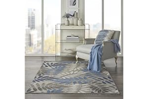Nourison Aloha Indoor/Outdoor Grey/Blue 5'3" x 7'5" Area Rug, Easy Cleaning, Non Shedding, Bed Room, Living Room, Dining Room, Backyard, Deck, Patio (5x7)