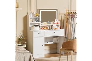 Furniway Vanity Desk with Mirror and Lights, 3 Lighting Modes Adjustable Brightness, Bedroom Dressing Table with Large Drawer and Open Storage Shelves, White