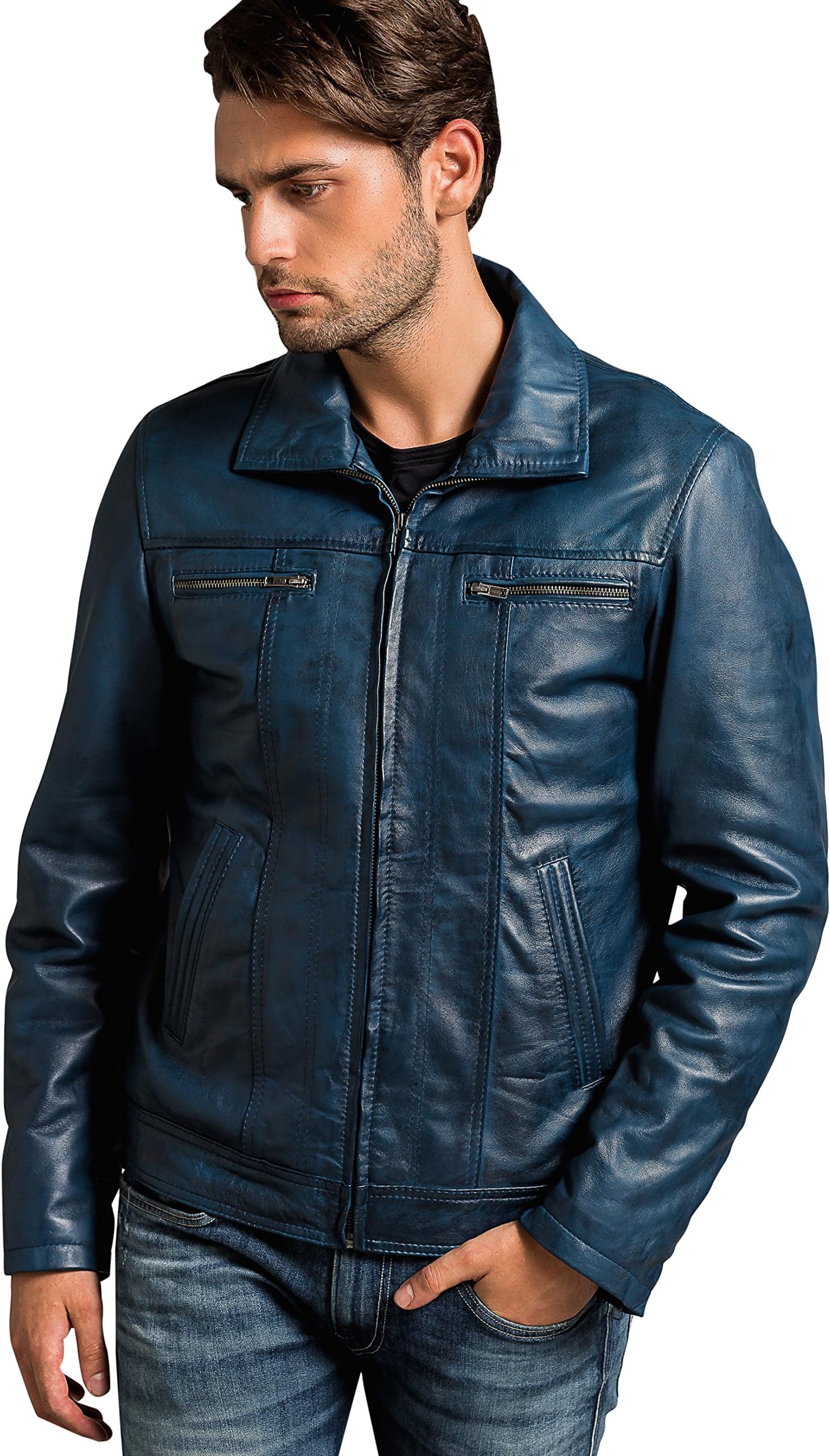 Urban Leather Calvin Gents Leather Jacket, Ocean Blue, Size M,