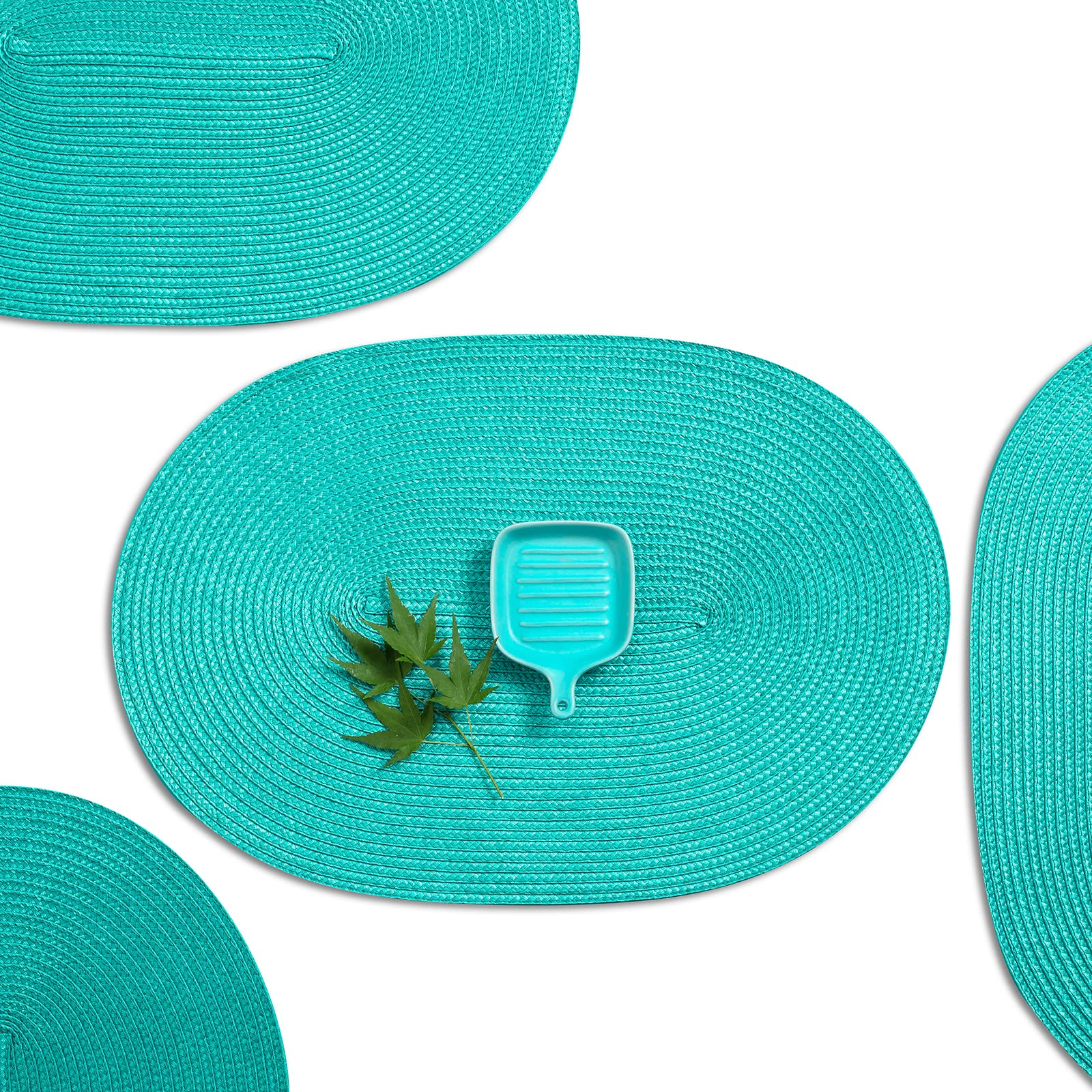 Photo 1 of AHHFSMEI Placemats Set of 8 for Dining Table Washable Woven Vinyl Non-Slip 18x12 inches Placemat Heat-Resistant Durable Table Mats for Dining Table Easy to Clean (Turquoise, 8)