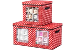 DOVAMY Christmas Ornament Storage Bins with Lids, Storage Containers with Adjustable Dividers, Red Xmas Organizers and Decoration Storage for 64 Holiday Ornaments, Transparent Window, 3-Set
