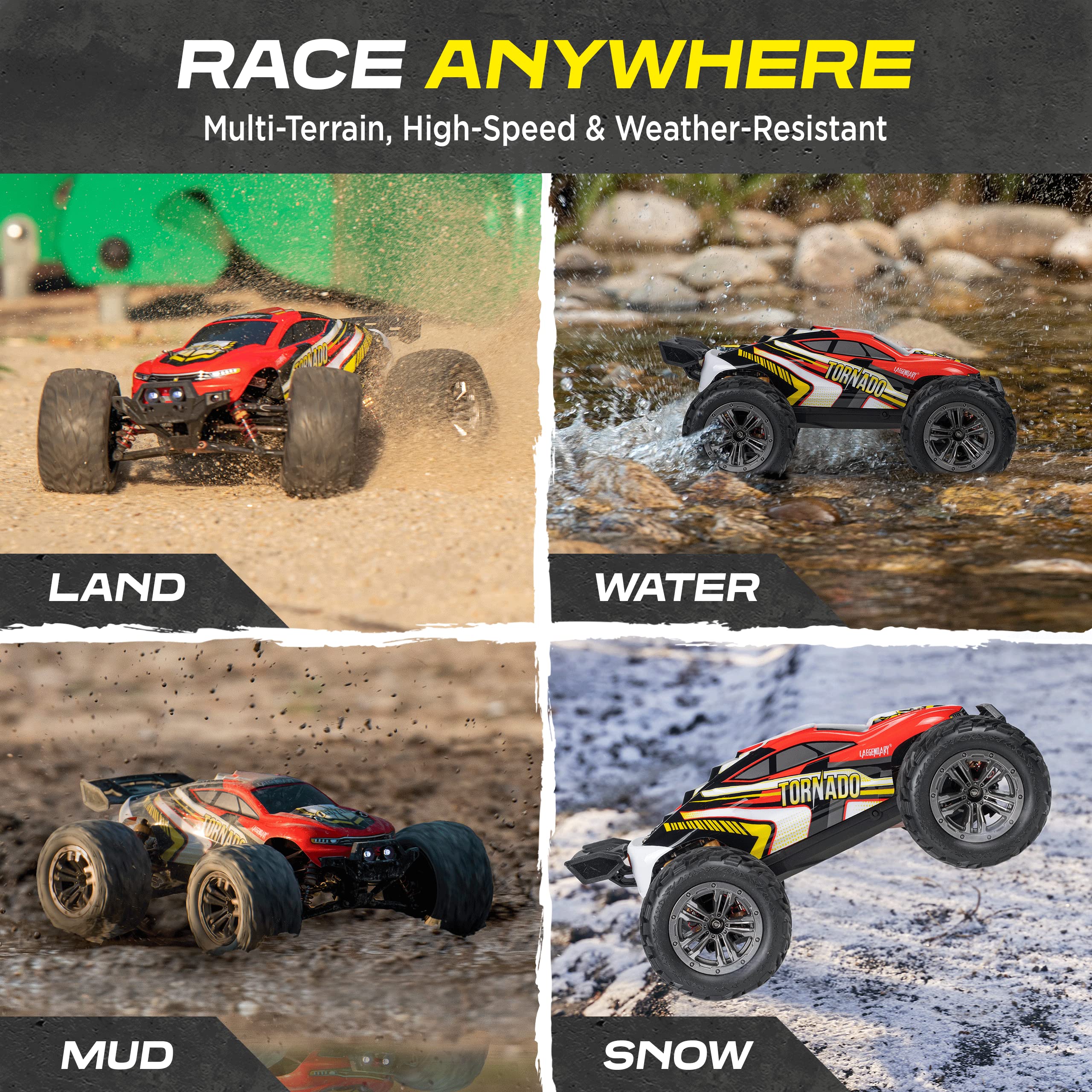 LAEGENDARY 1:12 Scale Large RC Cars 48+ kmh Speed - Remote Control Car 4x4 Off Road Monster Truck Electric - All Terrain Waterproof Trucks for Adults - 2 Batteries + Connector for 30+ Min Play
