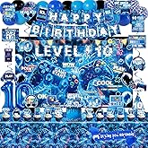 FrozzlyFun level 10 Birthday decorations, Blue Video Game Gamer 10th Boy Bday Party Decor Supplies for 10th Boys - Backdrop, Banner, Tablecloth, Centerpieces, Hanging Swirls, Wall Signs, Hat, Sash