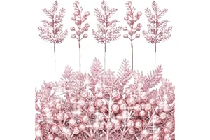 Cindeer 40 Pieces Christmas Tree Decorations Include 20 Glitter Berries Stems and 20 Xmas Tree Pick Leaves Fake Christmas Picks Artificial Pine Needles Glitter Sticks for DIY Wreath (Pink)