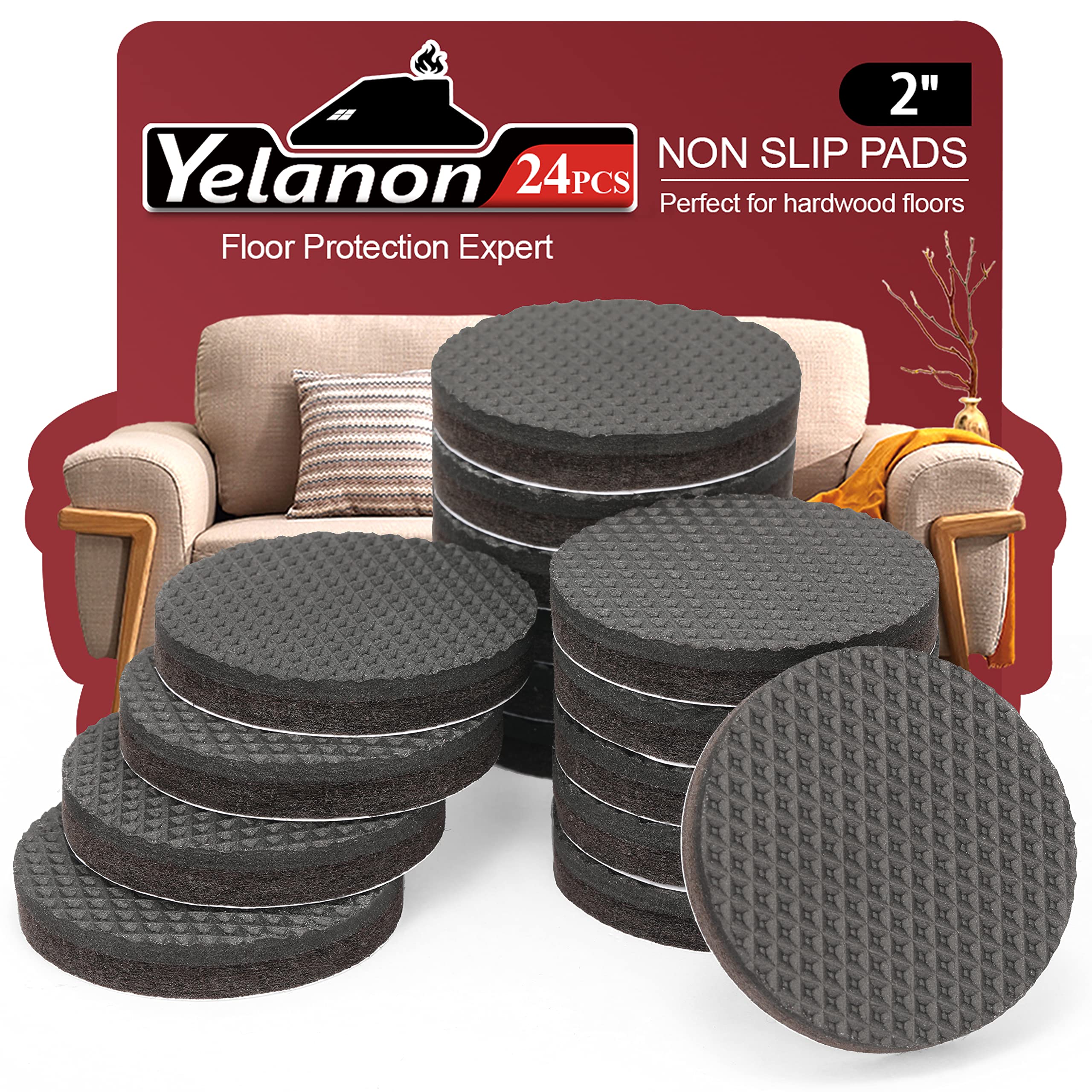 Yelanon Non Slip Furniture Pads - 24pcs 50mm Furniture Grippers, Non Skid Self Adhesive Rubber Feet Furniture Feet,Anti Slide Furniture Hardwood Floors Protectors for Keep Couch Stoppers