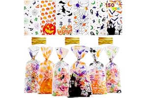 JOYIN 150 PCS Halloween Cellophane Candy Bags, Clear Treat Bags with Twist Ties, Halloween Trick or Treating Goodie Bag, Non Candy Cookie Bag Bulk for Kids Classroom Party Favors Supplies in 6 Design