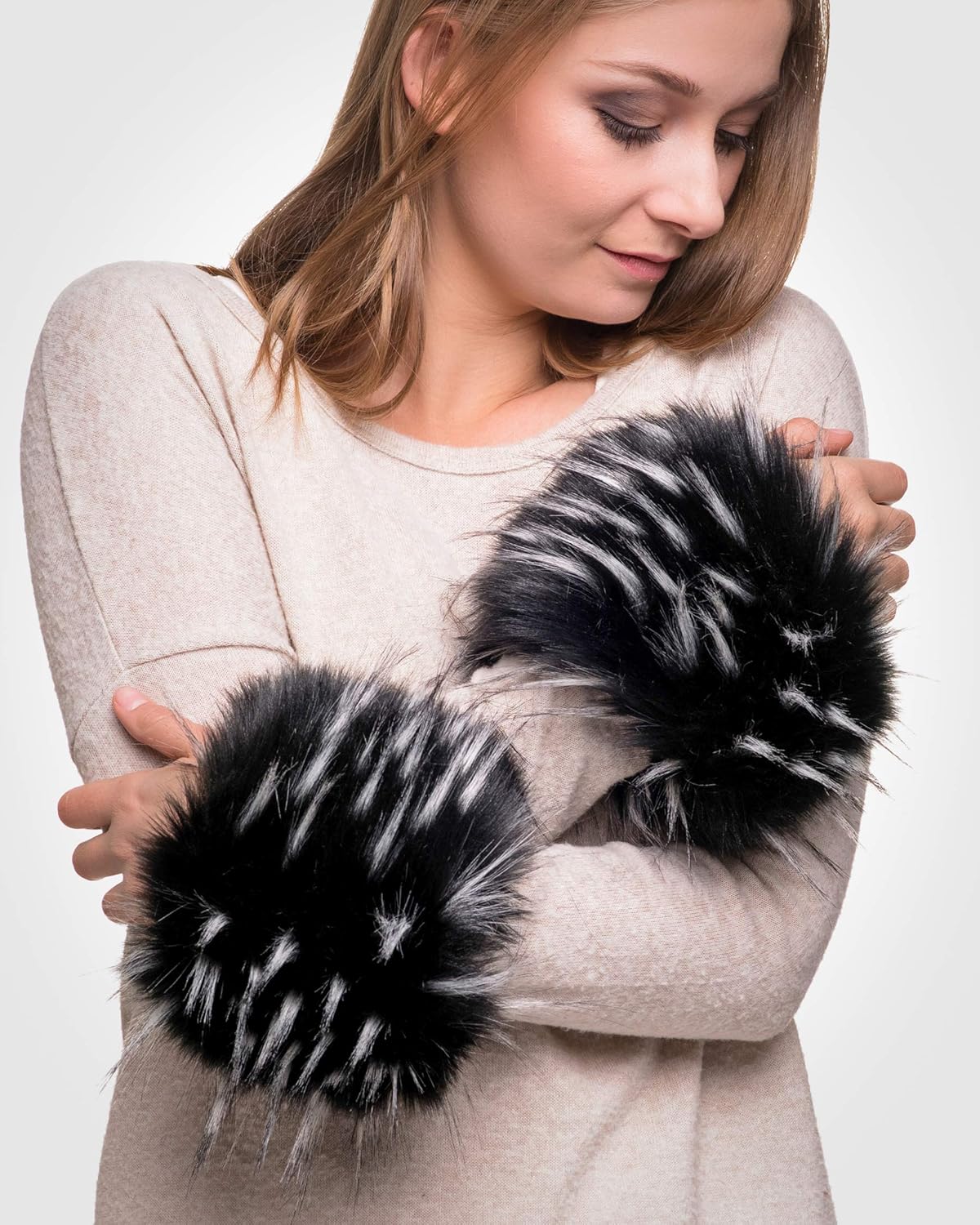 Futrzane Classic Cuffs - Faux Fur Cuffs for Wrists - Womens Coats Furry Warmers (Black with White Classic) - Image 5