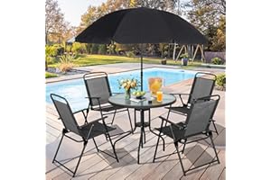 Vongrasig 6 Pieces Folding Patio Dining Set, All Weather Small Metal Outdoor Table and Chairs Set, Patio Furniture Set w/Umbrella, Glass Table & 4 Folding Chairs for Garden, Lawn, Backyard, Black