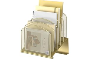 Delifox Inclined Desk File Organizer, 5-Section Vertical File Folder Holder Stand Metal Rack File Sorter for Office Classroom Desktop Organization (Gold, 1Pack)