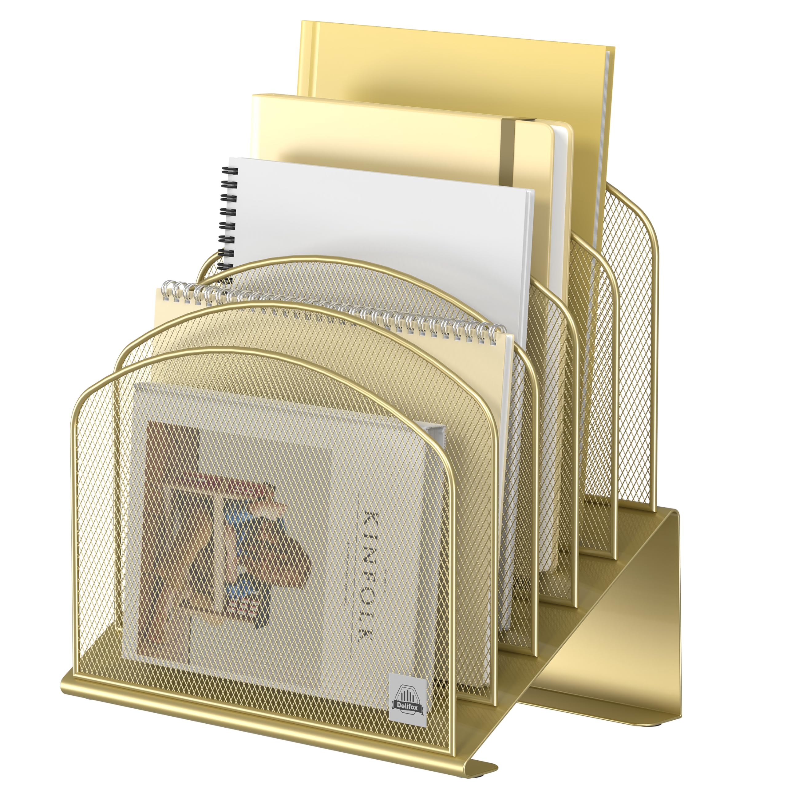 Photo 1 of Delifox Inclined Desk File Organizer, 5-Section Vertical File Folder Holder Stand Metal Rack File Sorter for Office Classroom Desktop Organization (Gold, 1Pack)