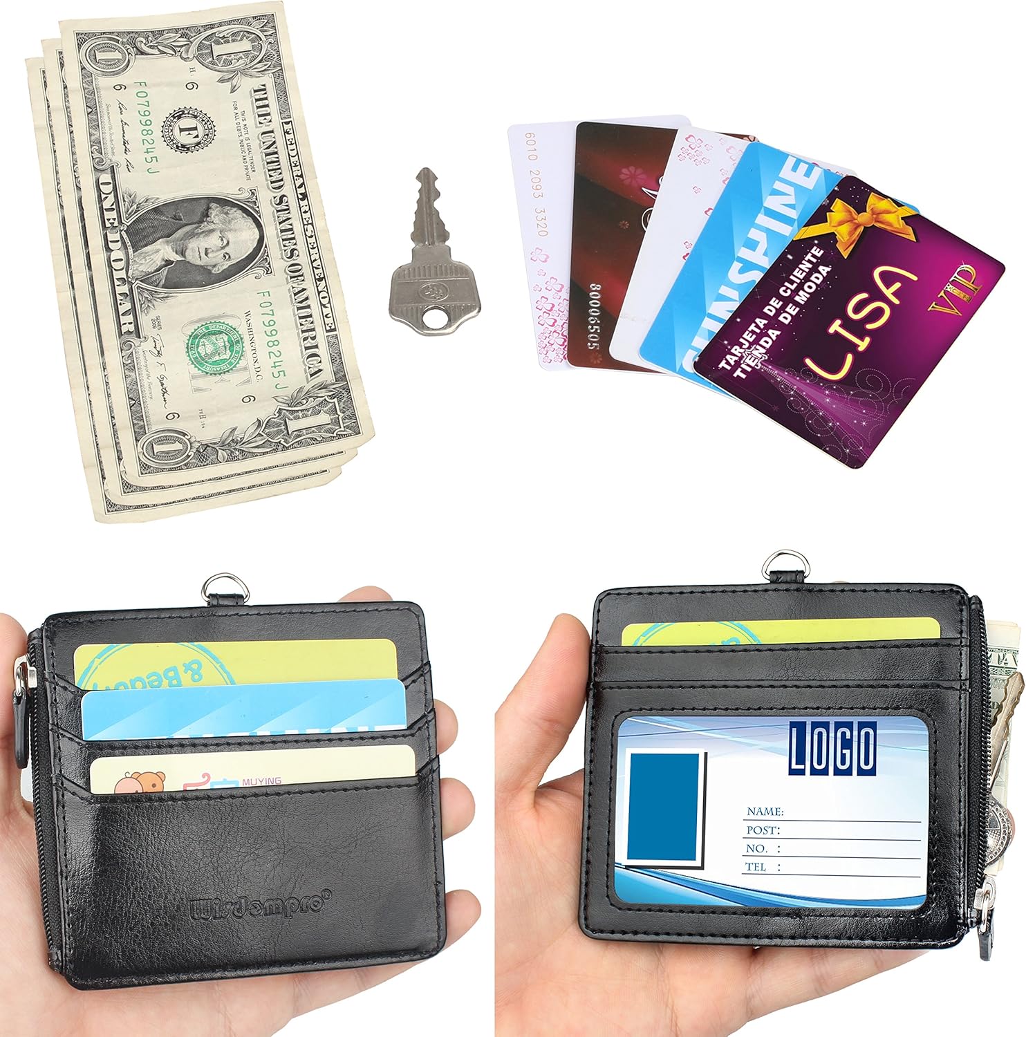 Wisdompro Badge Holder with Lanyard - Horizontal ID Card Holder with 1 ID Window, 4 Card Slots and Zippered Pocket - Black - Image 4