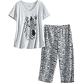 Inadays Womens Cotton Pajama Sets Short Sleeve Top With Capri Pants 2 piece sets for Women Summer Pajamas Lounge Set