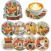 KYOQFVN Halloween Diamond Art Painting Coasters Kits with Holder, DIY Autumn Diamond Painting Kit for Beginners, Diamond Painting Coasters Kits for Craft (8pack)