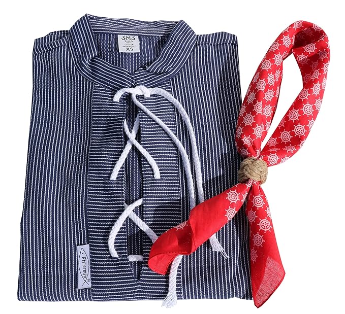 Fishermen Damen Kostüm Für Karneval Fischerhemd Sailor Schmal Gestreift Mit Nickituch Größe L