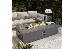 UPHA 56-inch Outdoor Propane Gas Fire Pit Table 50000 BTU Concrete Rectangle FirePit for Outside Patio with Propane Tank Cover, Wind Guad, Lava Rocks, Rain Cover, Grey