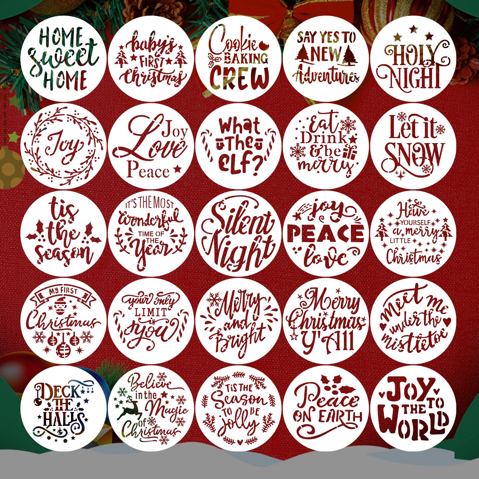 AIEX 25pcs Christmas Stencils - 4inch Reusable Merry Christmas Templates for Drawing on Cookies, Wood, Canvas, Fabric, Paper Crafts (Round)